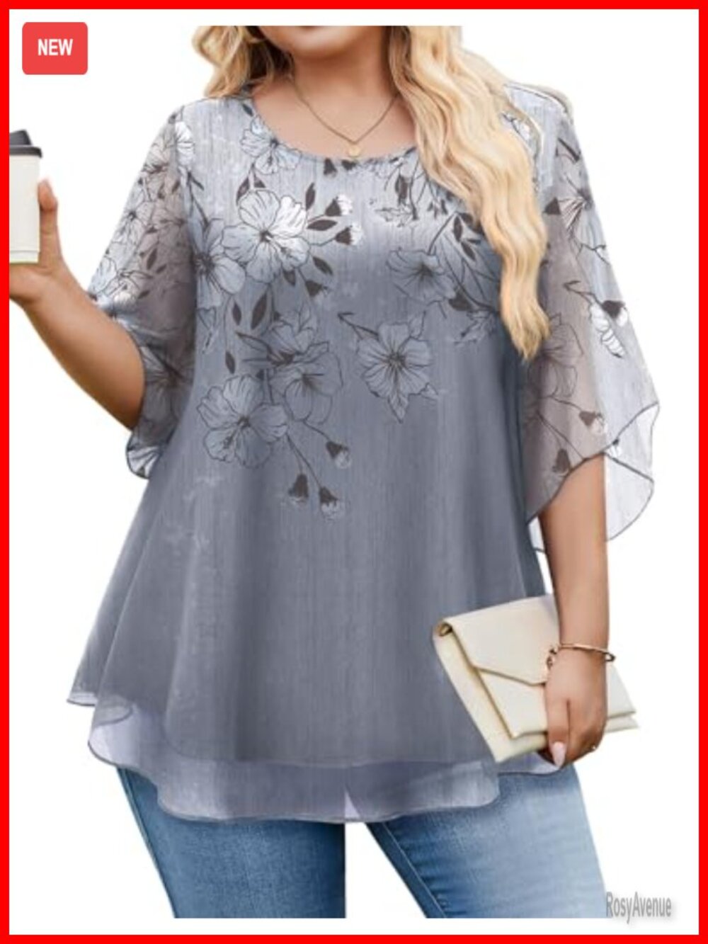 Plus Size Ruffle 3/4 Sleeve Blouse Double Layer Mesh High Stretchy Chiffon Top